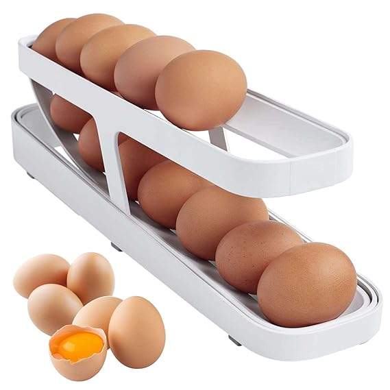 Egg Holder Storage - Egg Dispenser For Refrigerator - Egg Storage Basket With Rolling Holder - Kichen Countertop Organizer Fridge For 12-14 Eggs