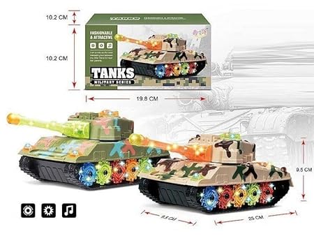 Gear Army Tank Toy | Battery Operated 360 Degree Rotatable Military Tank Toy | Mechanical Geared Tank with Flashing Light and Sound Toy | Ideal Gift for Kids - Multicolor